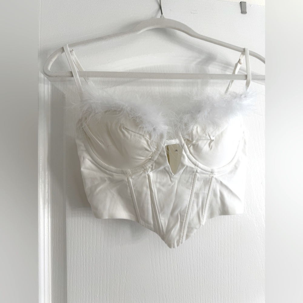 Custom-made - Zipper Back Front Crop Cami Corset Top With Fluff Trimming